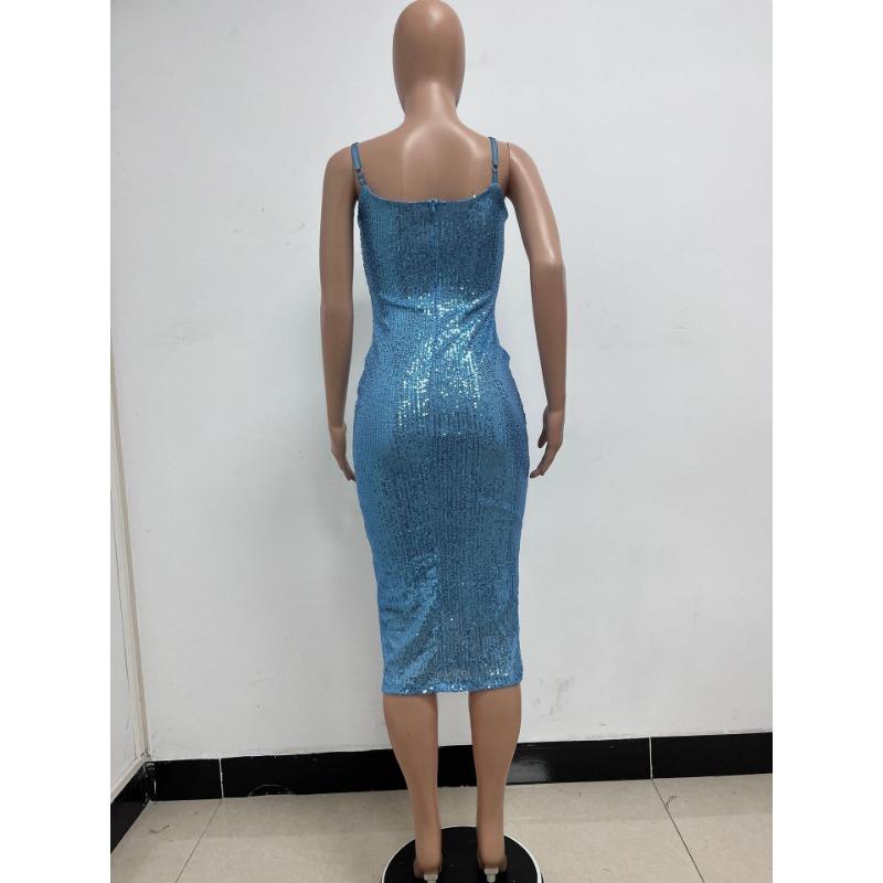 Dámské přiléhavé šaty střední délky s flitry Letní bez rukávů halter šaty