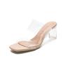 One-word high-heeled women's sandals, new thick-heeled transparent medium-heeled crystal cool slippers in summer 2025, thick-heeled heel increased