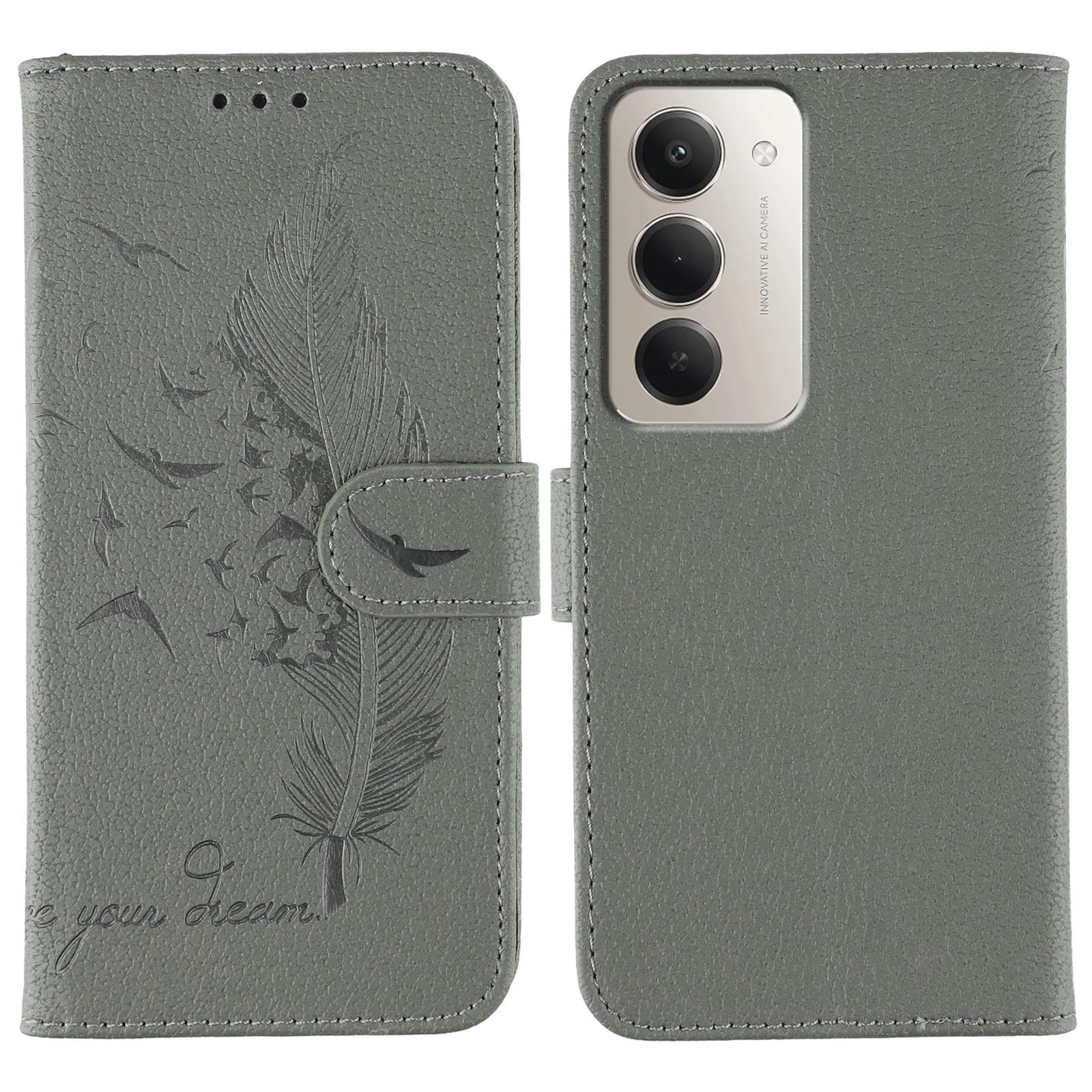 

For Xiaomi Redmi 15 5G Case Feather Imprint PU Leather Wallet Phone Cover Grey