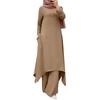 Spring and Autumn New Muslim Women's Clothing Middle East Solid Color Crew Neck Wooden Button Long Sleeve Wide Leg Pants Set