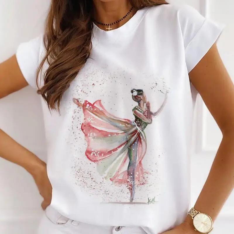 Stylish African Womens Watercolor Ballerina Girl Cute Cartoon Short Sleeve Tshirt Summer Tops Vintage Clothes Oversized Tee
