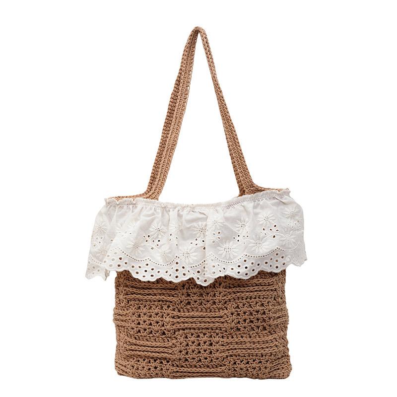 Straw Woven Summer Solid Color Shoulder Bags Lace Large Capacity Ladies Bags 2026 High Quality Hollow Out Women's Handbags