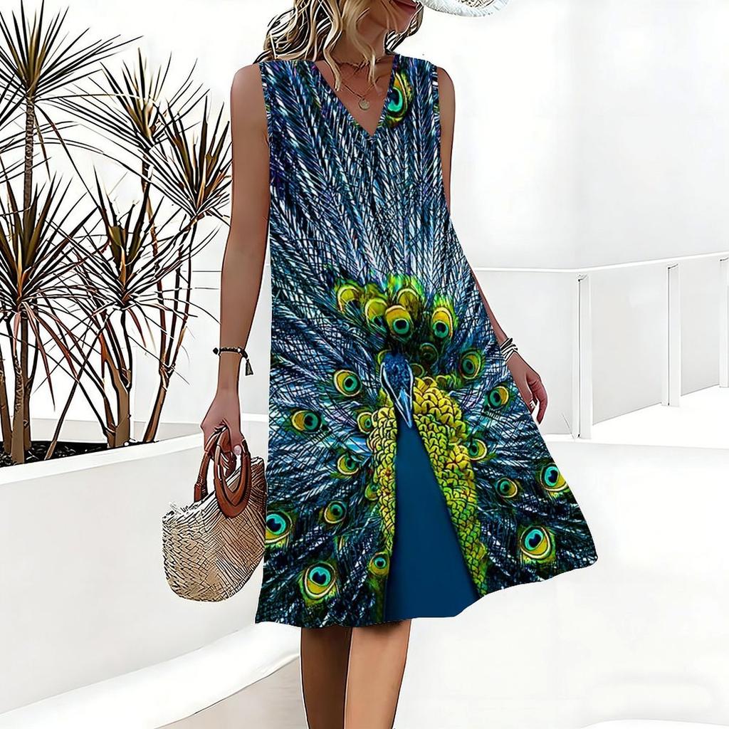 Plus Size V Neck Sleeveless Dress Cloudy Mountain Waterfall Watercolor Print For Outdoor Mountain Tour