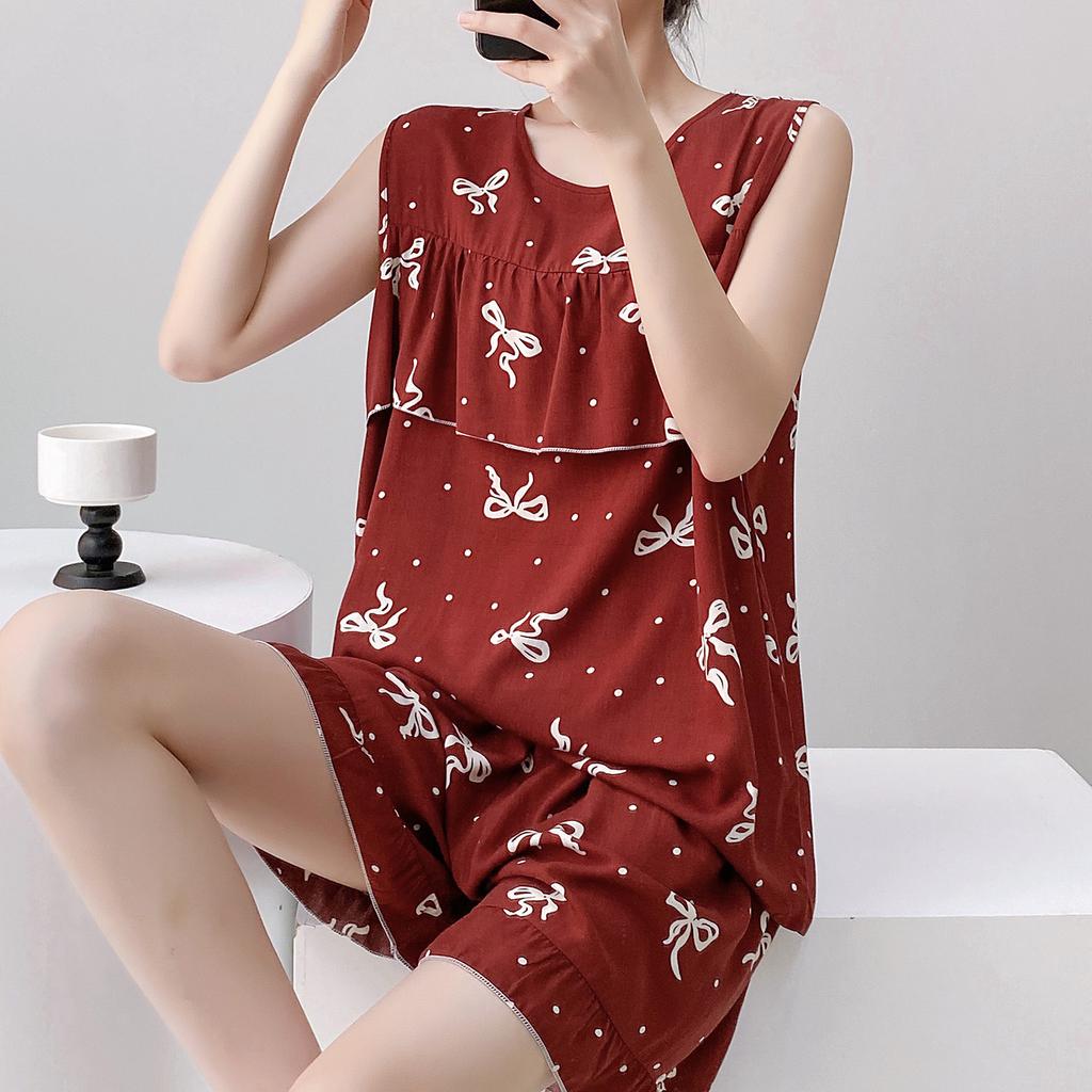 Anti-bumping Pajamas Women's Summer Vest Shorts Set Cotton and Silk Loungewear Can Be Worn Outside Loose Large Size Sweet and Cute
