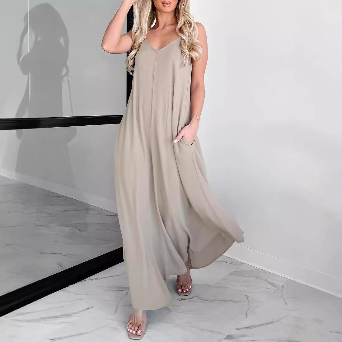 

Женское однотонное повседневное свободное длинное платье с V-образным вырезом на подтяжках XXL