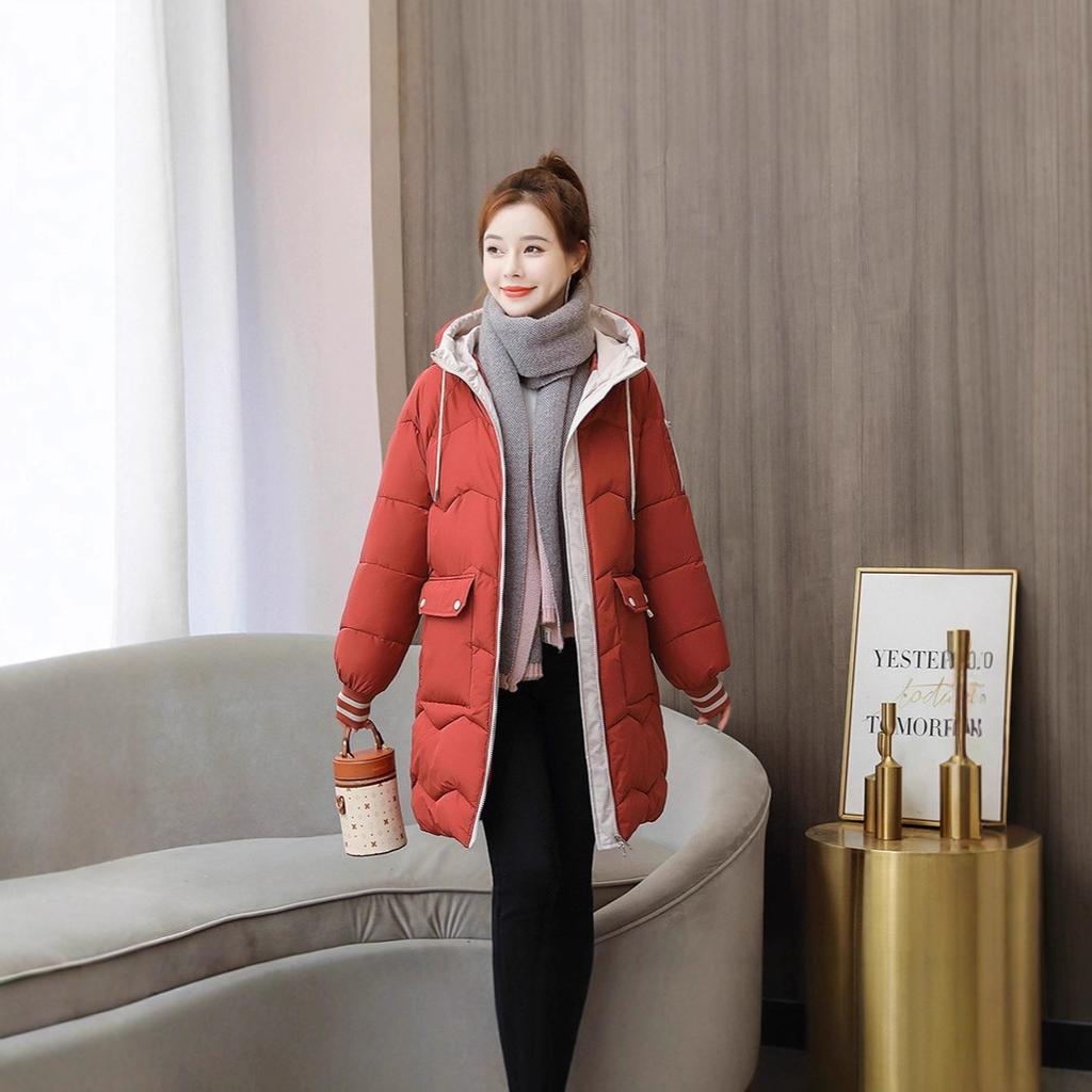 Winter new cotton jacket women's mid-length style thickened hooded simple and versatile warm cotton suit