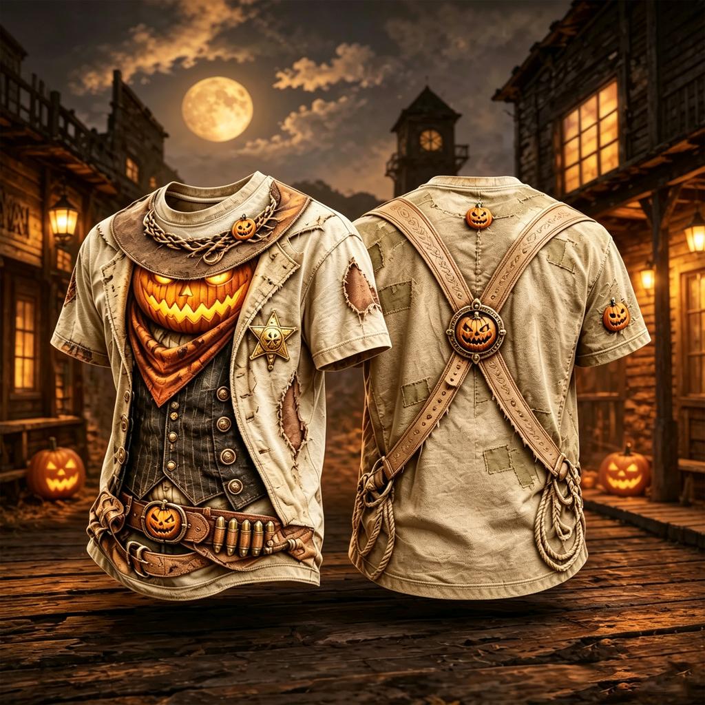 Halloween T-Shirt with Western Sheriff Pumpkin Print - Short Sleeve Casual Tee for Men and Women