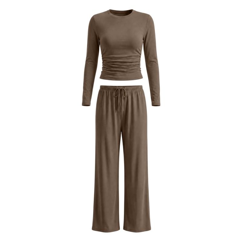 Womens Solid Color Casual Long Sleeve Top Pants Set Streetwear