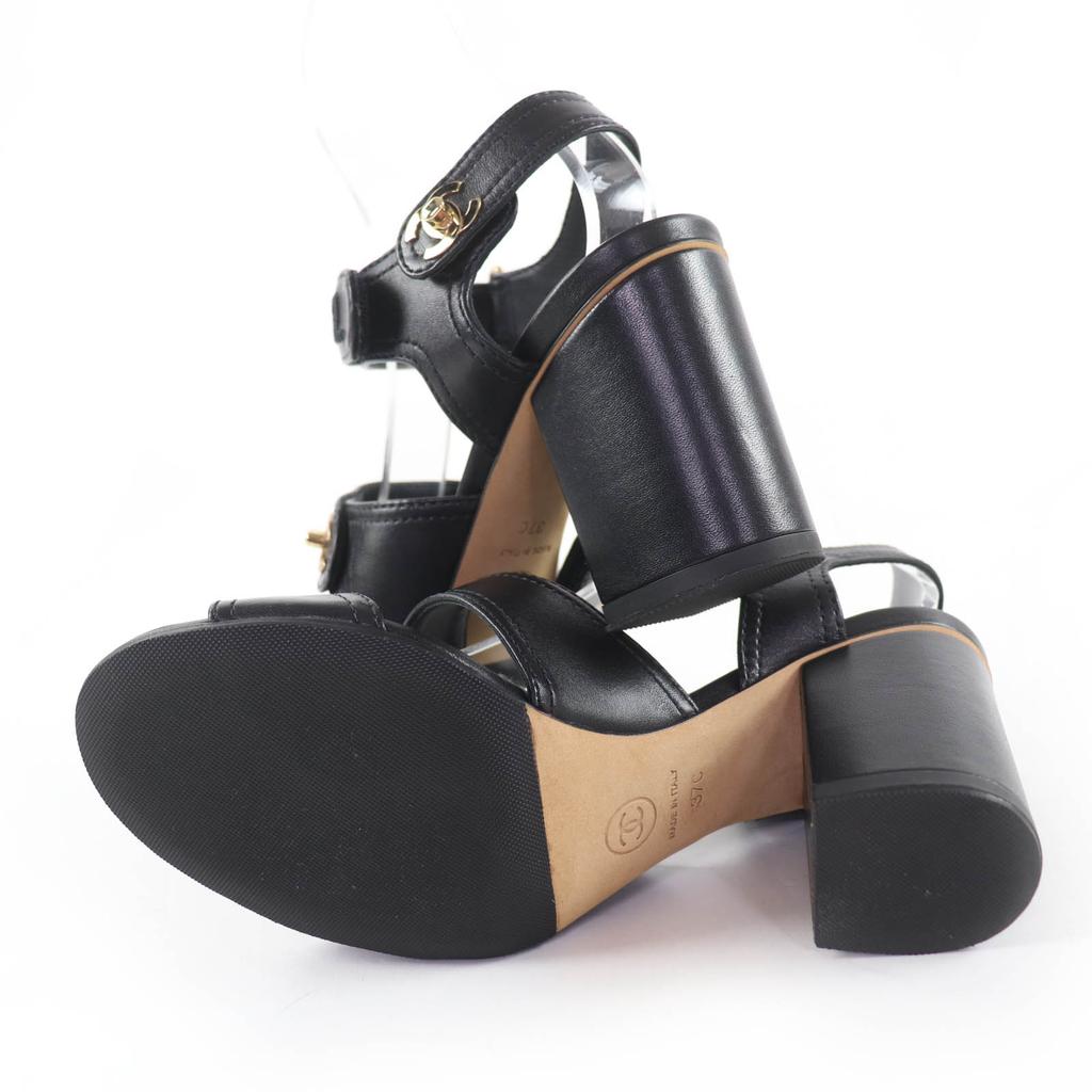 Great CHANEL Sandals COCO Mark Turn Lock Leather black leather Women 37 G37387 Used