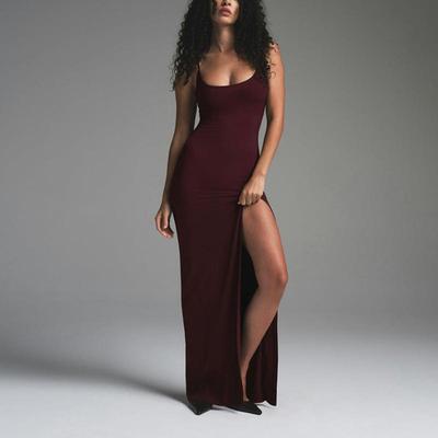 European and American Women's Spring and Autumn Sexy Suspender Solid Color Backless Waist Cinched Slit Hip Hugging Dress