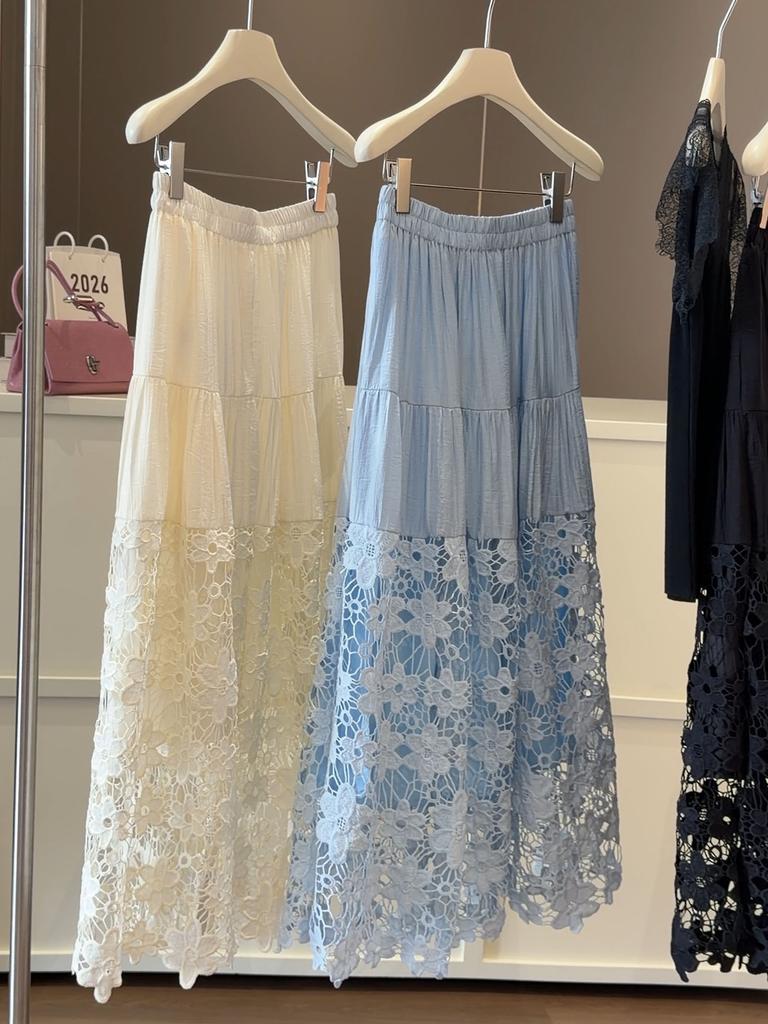 Lace Crochet A-Line Midi Skirt Hollow Patchwork Half Skirt Versatile Designer Women's Skirt JM2619