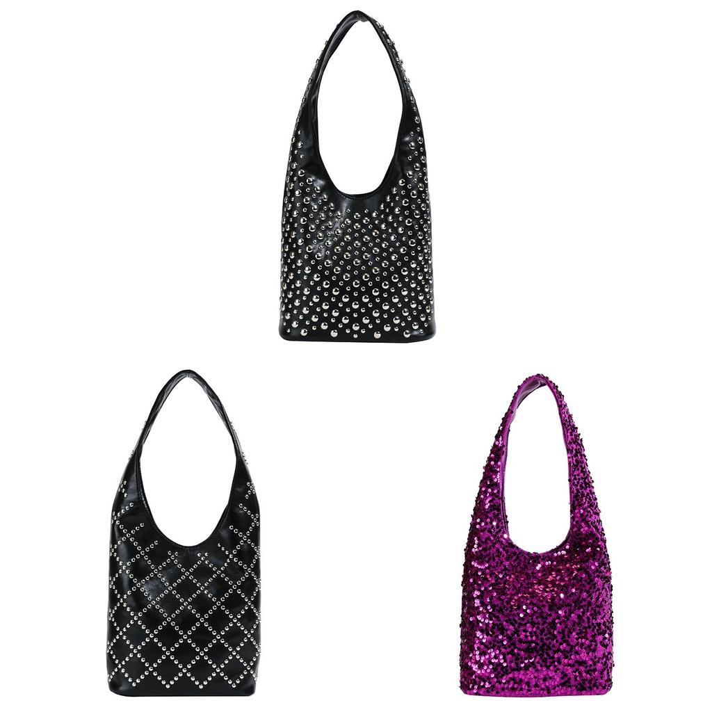 Borsa Secchiello Stile Punk per Donna in Materiale PU con Borchie per Uso Quotidiano