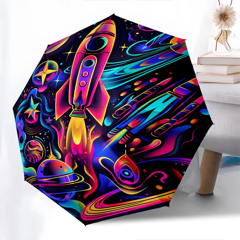 Rocket, Space Theme 8 Bone Hand Automatic Folding Fashion umbrella, Compact and Portable Design, A Perfect Gift for Birthday, Christmas or B