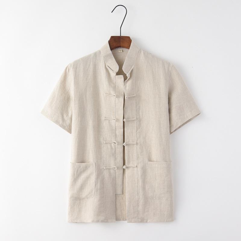 Men's Summer Thin Linen Tang Suit - Short-Sleeved Top for Middle-Aged & Elderly