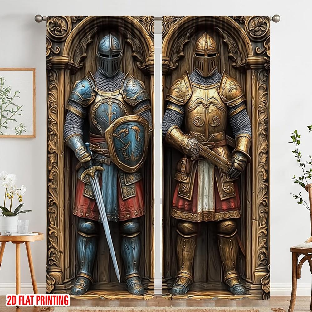 Set Of 2 Flat Printing Scene Curtains Medieval Knight Armor Print Polyester Without Electricity Party Decorations Perfect Curtain