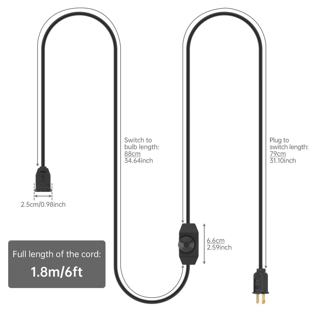1.8M 5.9ft Plug In Lamp Dimmer Switch Extension Cord Rotary Control Heavy Duty 220V Incandescent Dimmable Lights