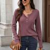 Autumn Winter Solid Color Round Neck Button Loose Long Sleeve T-Shirt Top for Women