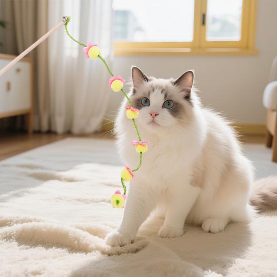 Cat Teaser Toy Interactive Lightweight Cat Stick with Bell Safe Chewing Toy Long Handle Entertainment Toy for Pet