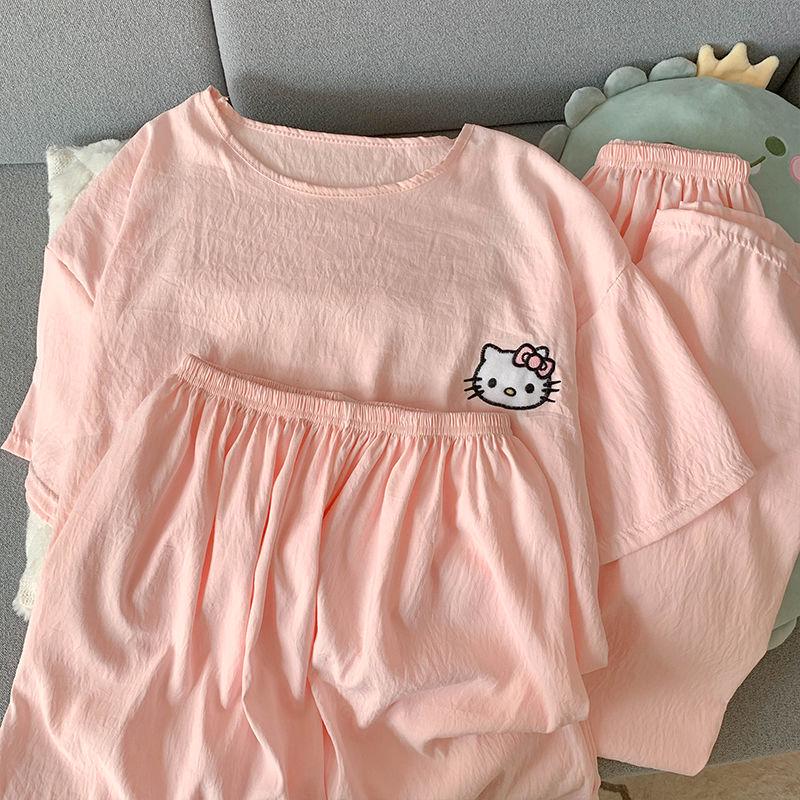 Women's Three-Piece Cotton Pajama Set - Summer, Round Neck, Cute & Comfy Short Sleeve for Home Wear