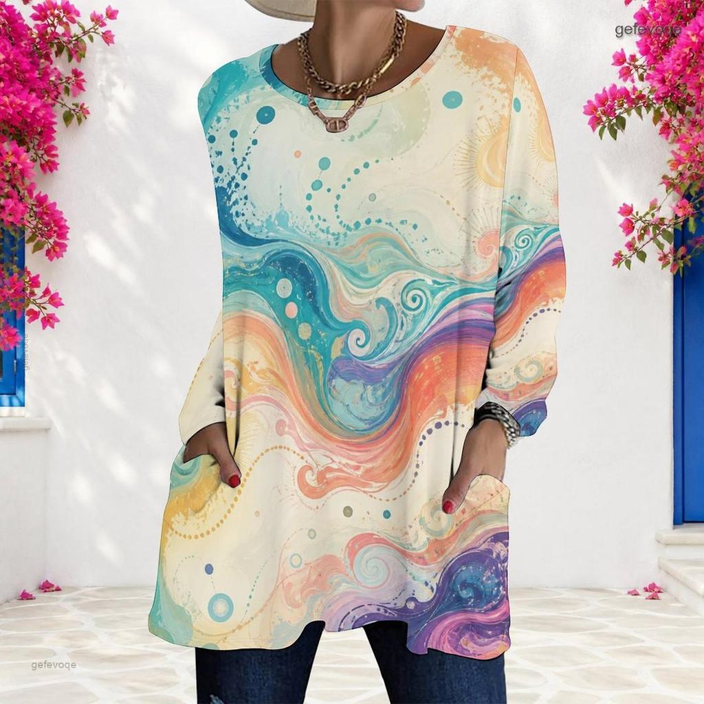 Women Plus Size Round Neck Long Sleeve Abstract Printed Red Black Loose Longline T Shirt With Pockets