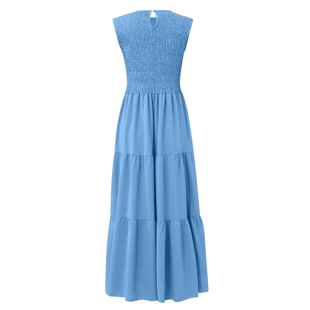 Women's Summer Casual Sleeveless Round Neck High Waist Swing A Line Dress