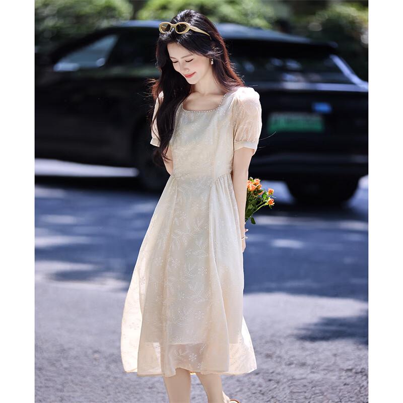 Shangjing Women's Elegant Printed Square Neck A-line Dress