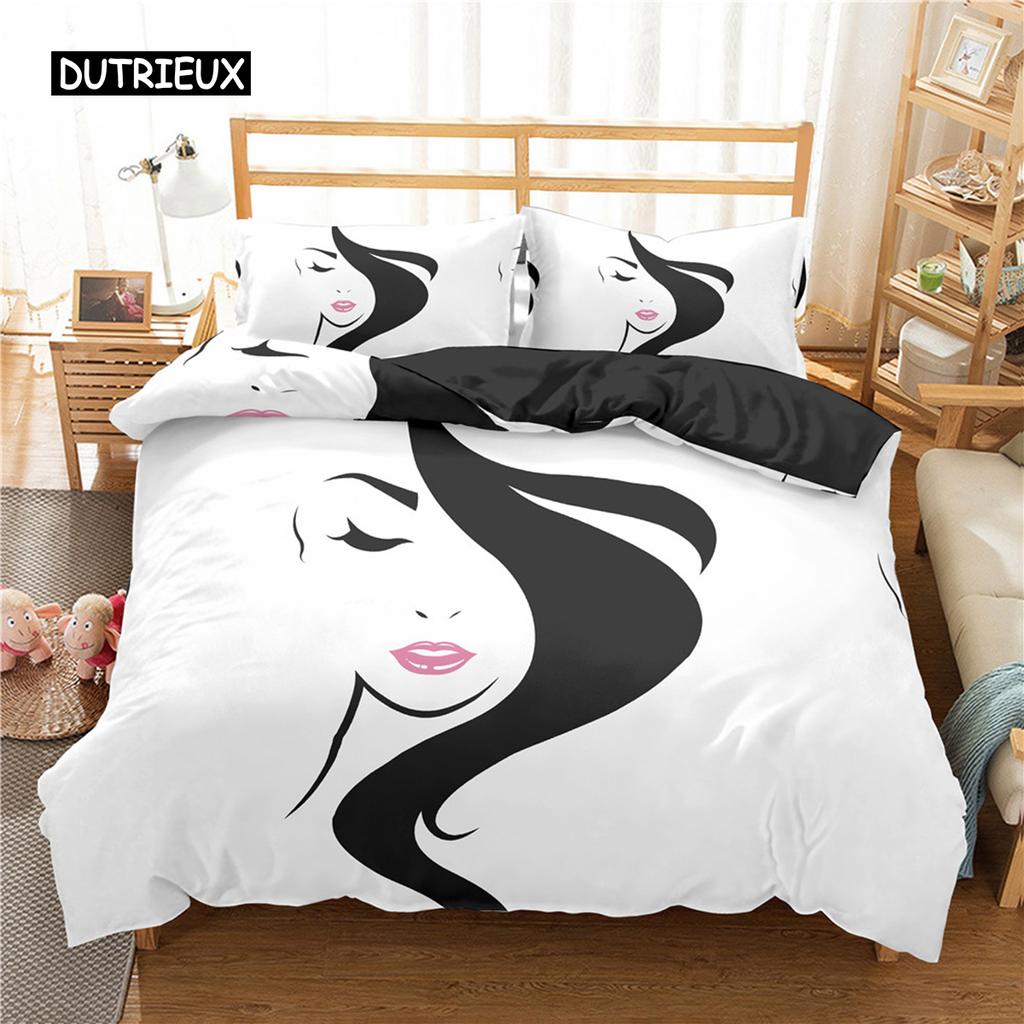 Frau Gesicht Linien Skizze Königin König Bettbezug Weibliches Porträt Rose Bettwäsche Set Einfache Striche Blume Polyester Bettdeckenbezug