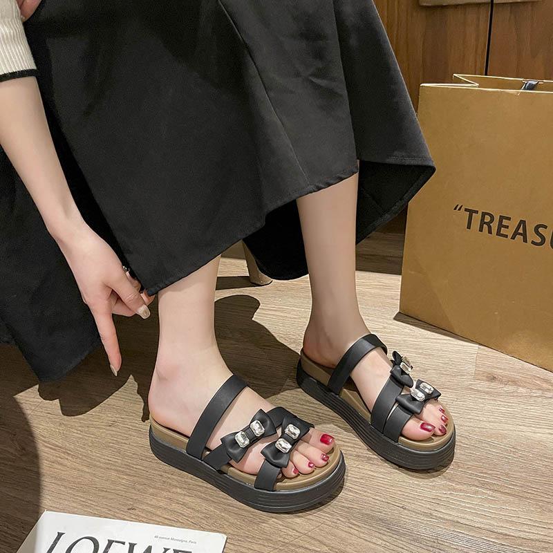 

Thick-soled slippers wear summer new bows with skirts, comfortable one-word sandals, large size. 43 чёрный