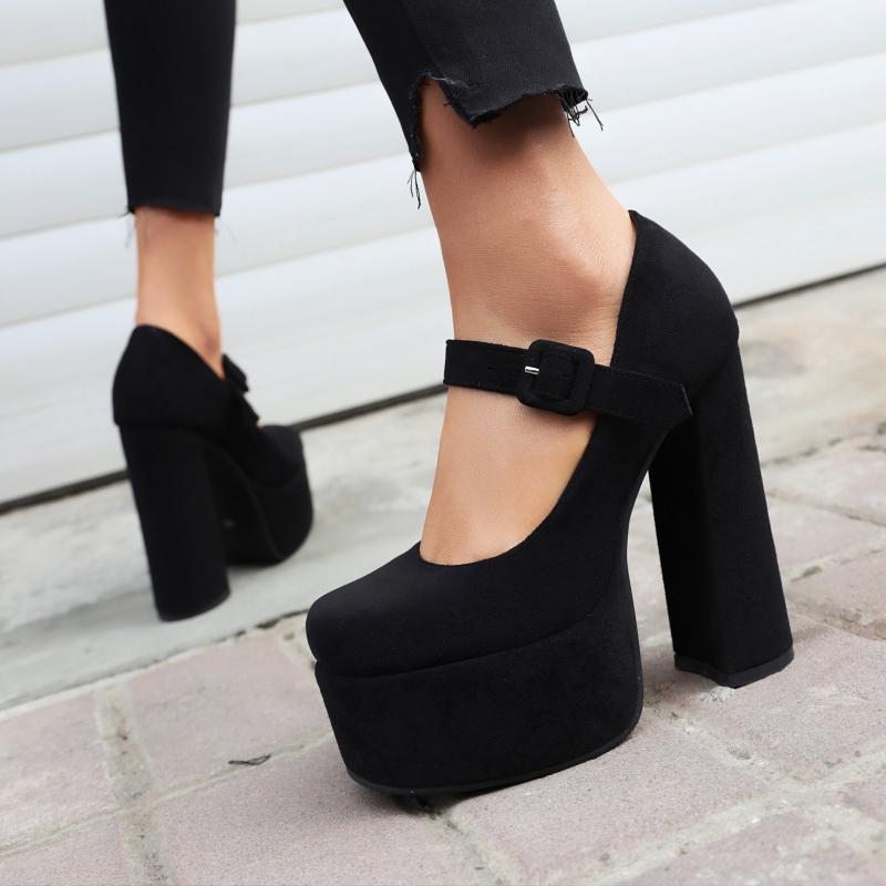 Flock Black Women's Pumps Shoes Sexy Gothic Platform High Heels Ladies Ankle Strap Office Party Dance Fetish Shoes 2025 Spring