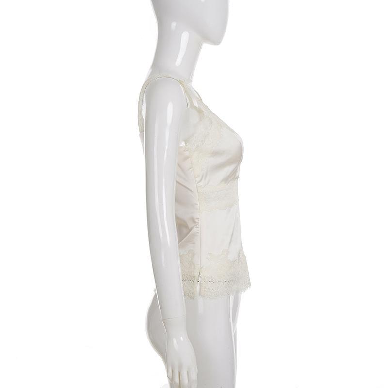 Y2K Retro Back Satin Wide Shoulder Strap V-neck Base Lace Patchwork Sleeveless Camisole Vest