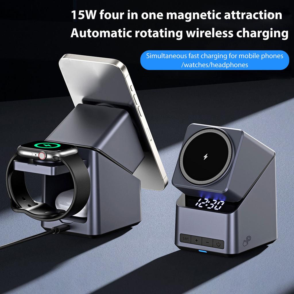 4 in 1 Wireless Charger with 180 degrees  Auto Rotation Watch Charging Station HD Display Clock Smart Trickle Charging