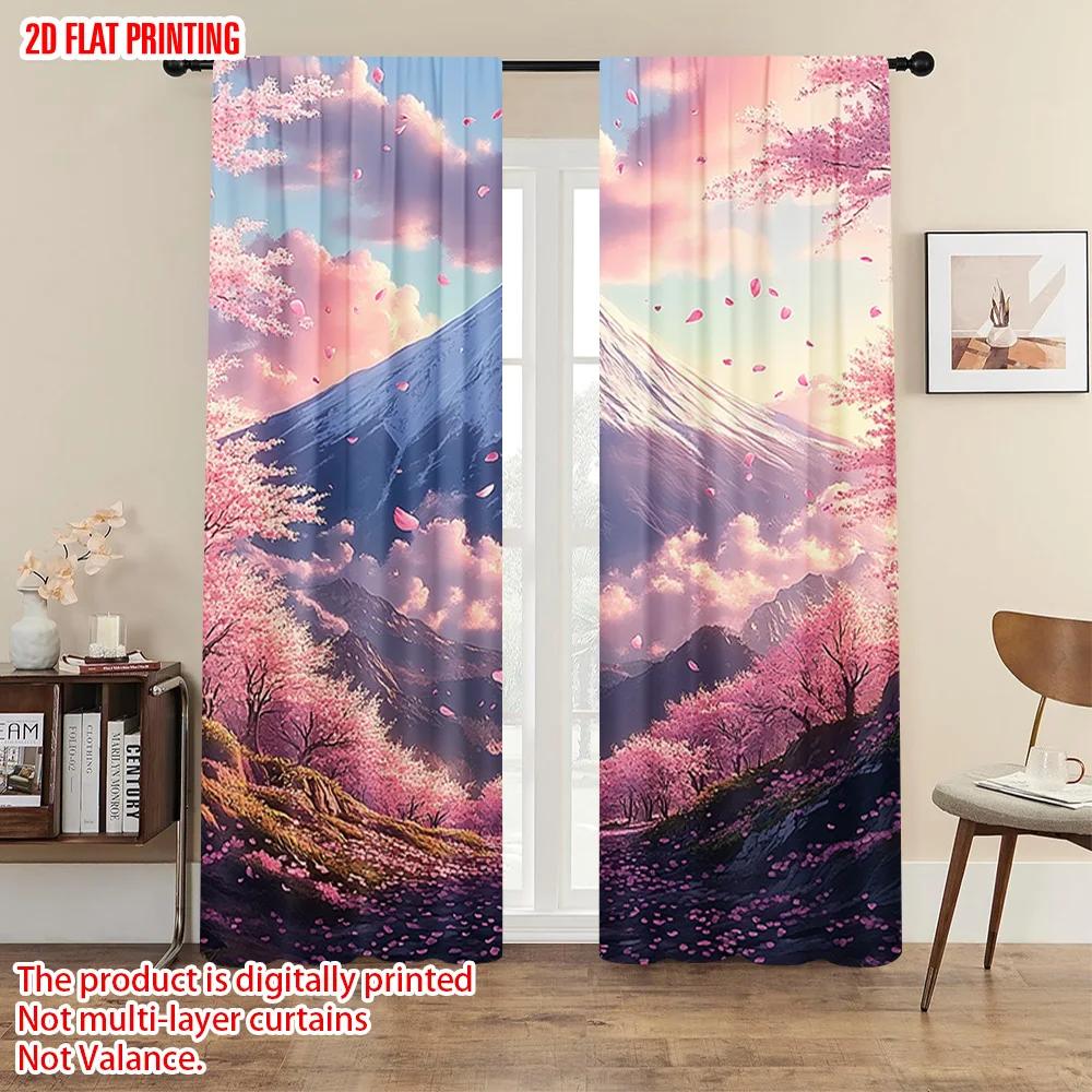 2pc  2D plane printing Contemporary Curtains Cherry blossoms and Mount Fuji Polyester (without rod) All Seasons Ldeal for