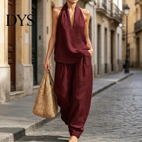 Einfaches Elegantes Anzug Zweiteiliges Baumwoll Leinen Sets für Damen Ärmellos V-Ausschnitt Lässig Formell Tragen Neckholder Top Passende Weite Hosen Sommerurlaub