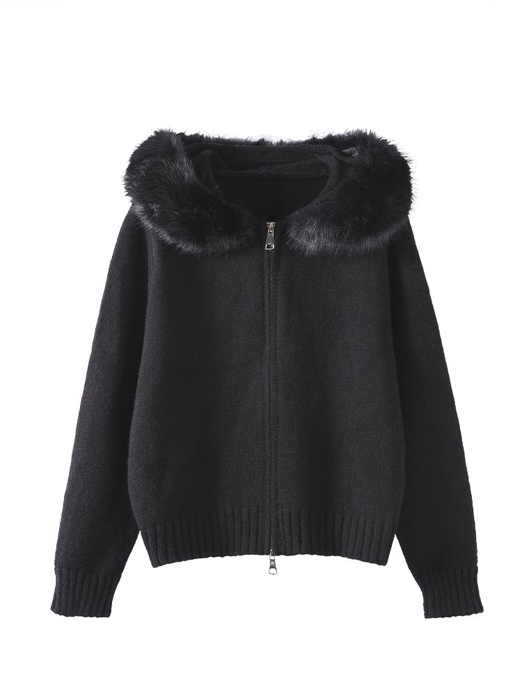 Cardigan da donna con cappuccio e zip color kaki, maglione, cappello in pelliccia, cardigan bianco lavorato a maglia, cappello peloso, giacca lavorata a maglia, maglione caldo nero da donna con fodera, autunno inverno