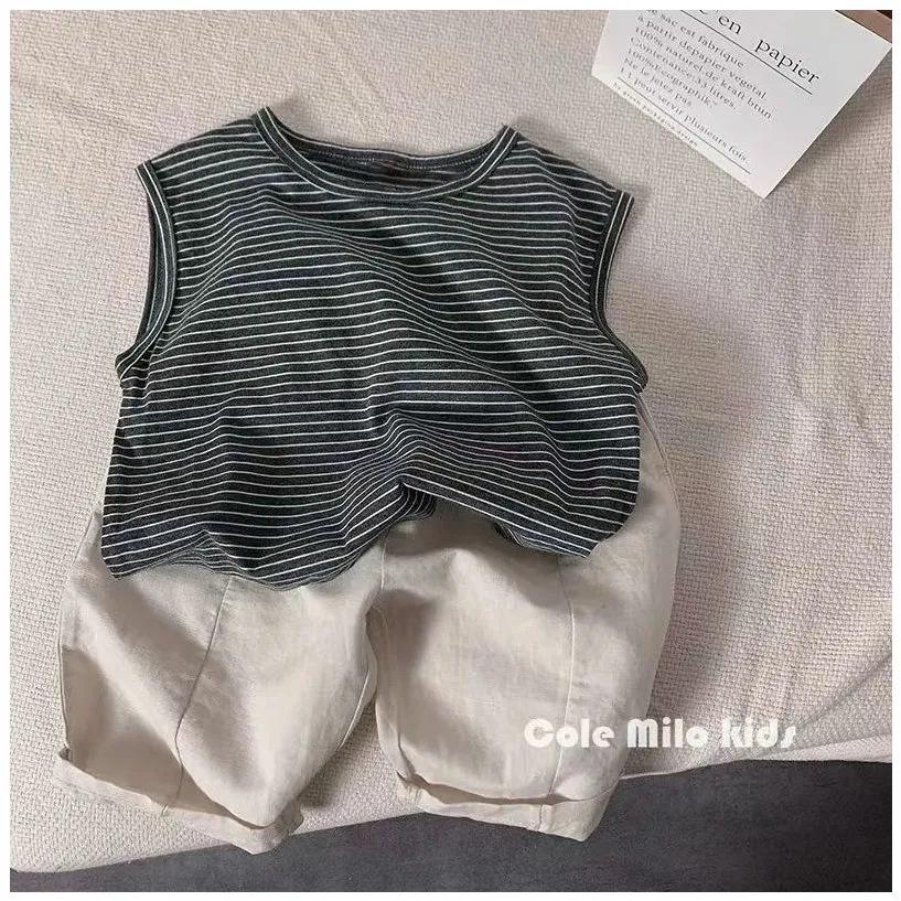 Kids Cotton Sleeveless Vest Striped T Shirt Unisex Loose Fit Korean Trendy Top