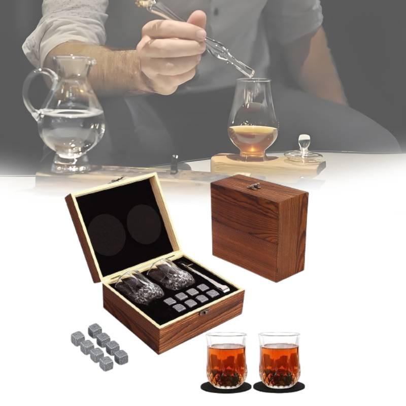 Luxurious Brown Granite Whisky Glasses Set With Whiskey Stones And Wooden Box