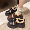 Leather platform small leather shoes women's velvet loafers 2025 winter new warm lazy shoes high-heeled Mary Jane shoes