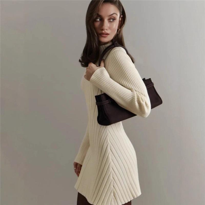 Dlouhý rukáv Vysoký krk Pletené šaty Jarní Módní A-line Krátká sukně Dámské Trendy Ležérní šaty Krátká sukně Elegantní vzhled