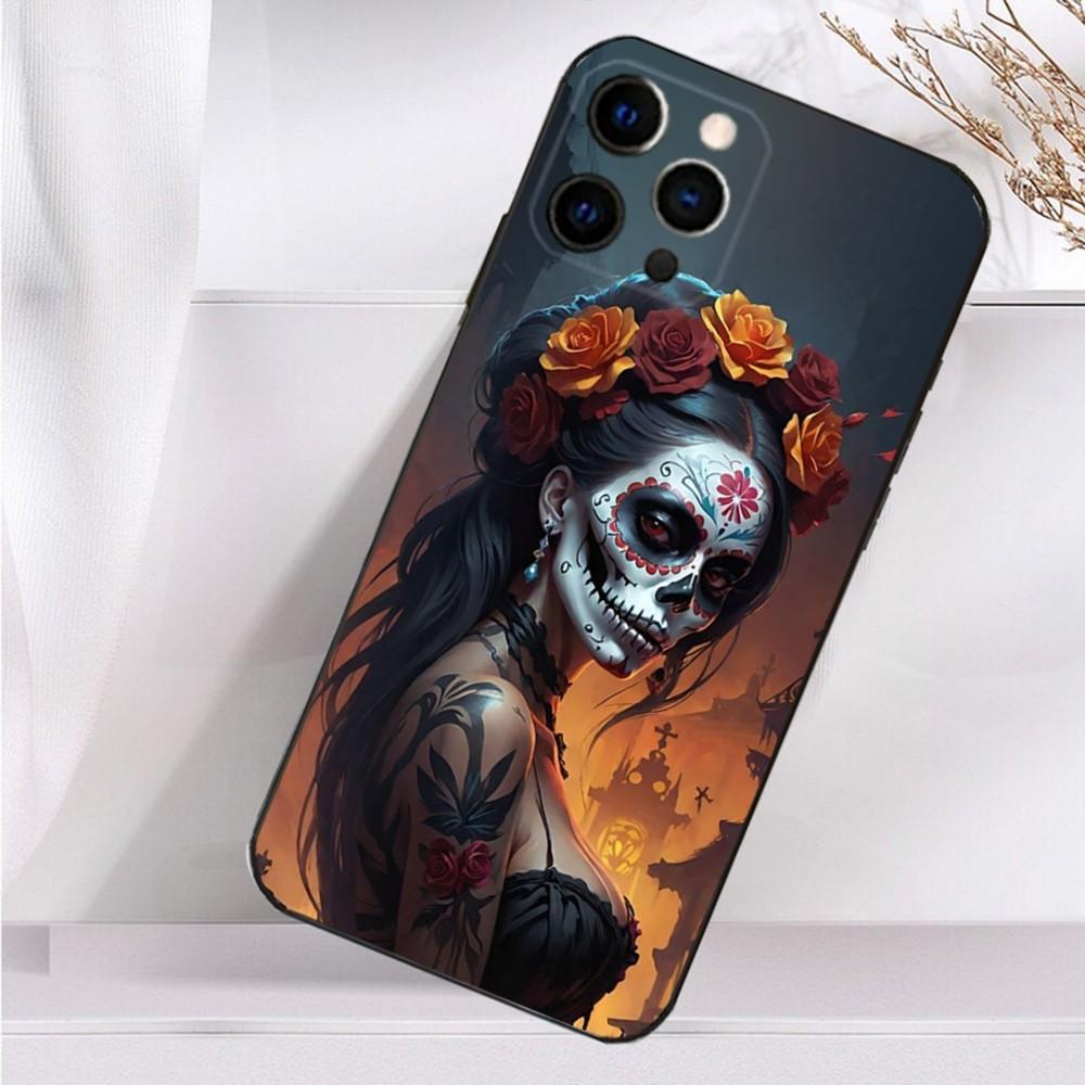 Mexican Catrina Skull Girl Phone Case For iPhone 16,15,14,13,12,11 Plus,Pro Max,XS,X,XR,SE,Mini,8,7 Soft Silicone Black Cover