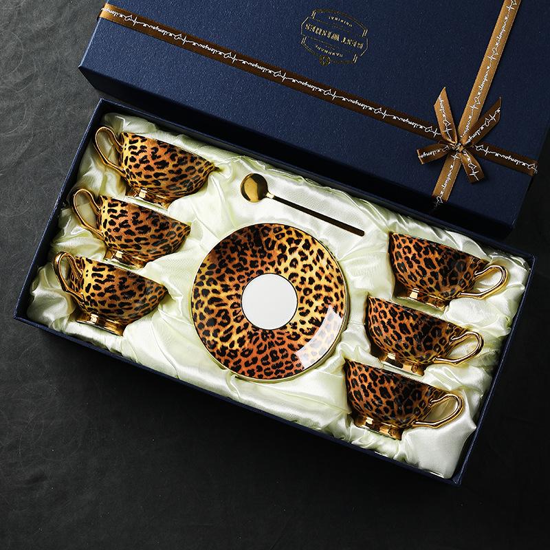 Leopard Pattern Bone Control Porcelain Premium Coffee Cup European Small Luxury Afternoon Tea Cup Set Ceramic Cup and Plate