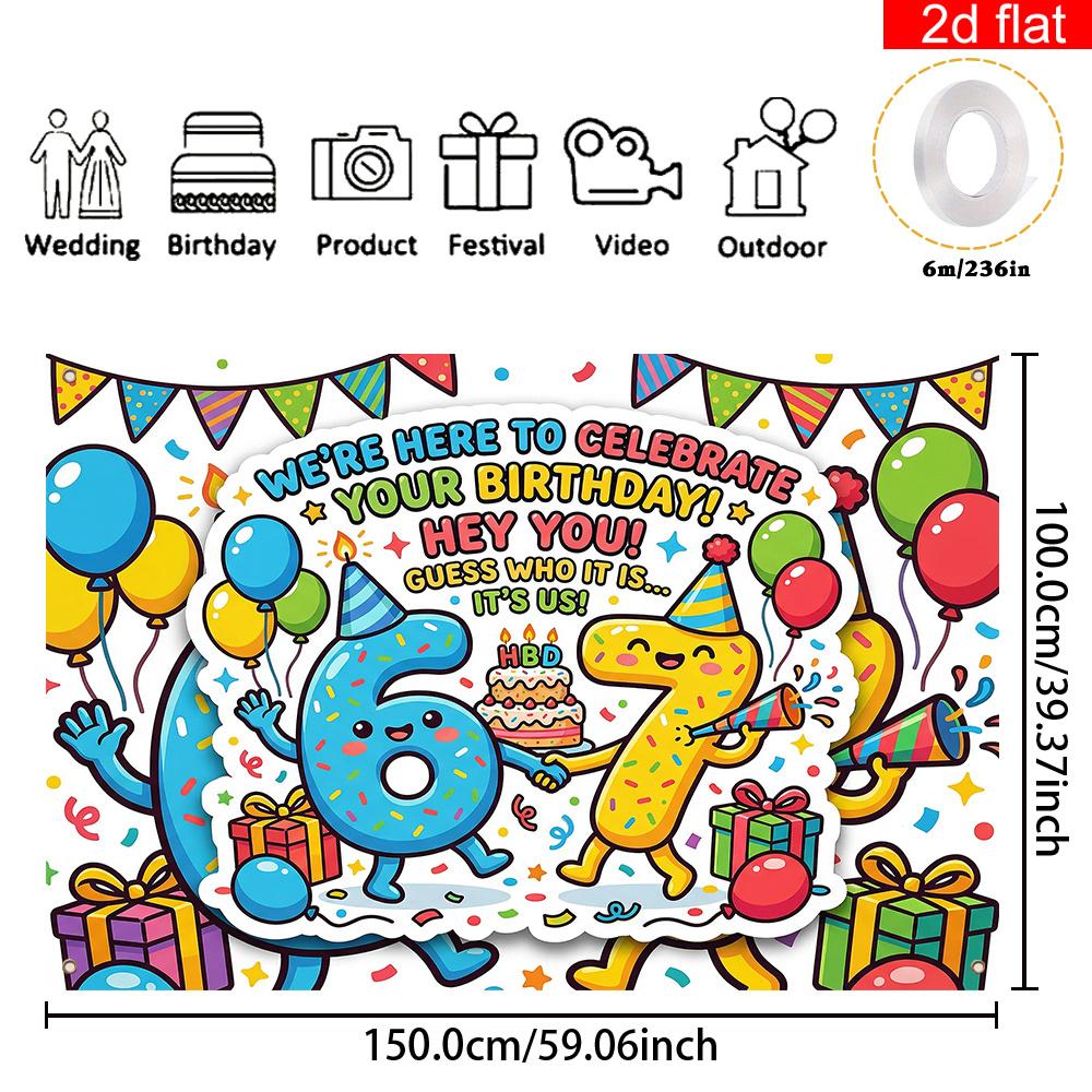 2D Flat Banner, 1 Piece, Cartoon Style 6/7th Birthday Theme Party Banner Background, Polyester, Birthday Cake