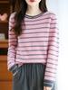 Women's Classic Loose Fit Round Neck Striped Wool Knit Sweater - Long Sleeve Cashmere Base Layer for Fall/Winter