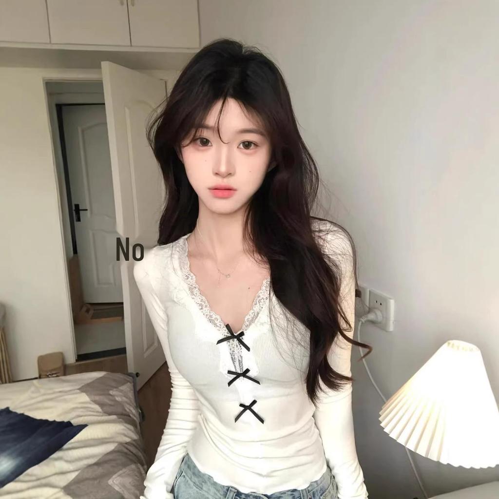 Women's Autumn Lace Trim Bow Slim Fit Long Sleeve Top