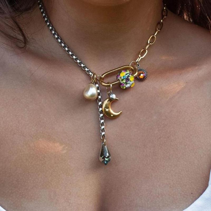 Stylish Splicing Pendant Clavicle Chain Jewelry Titanium Steel Necklace with Moon Star Pearls for Everyday Wear