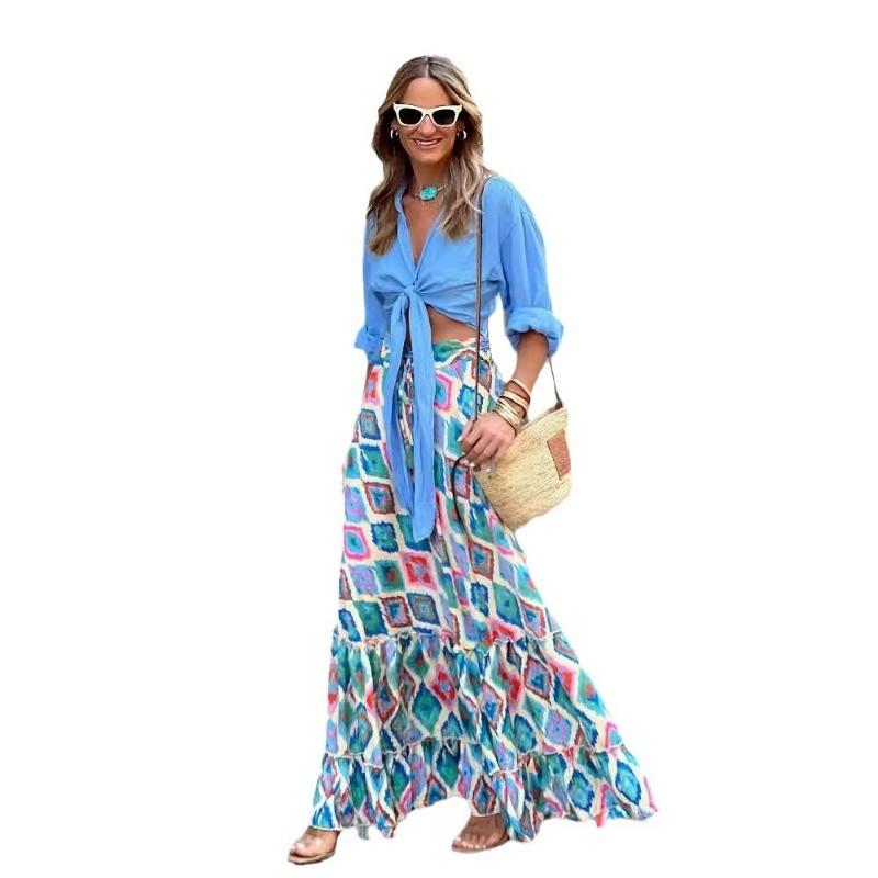 Qooth BOHO A-Line Maxi Skirt with Floral Print Elastic Waist Wide Hem Summer Casual Dress Skirt QT2724