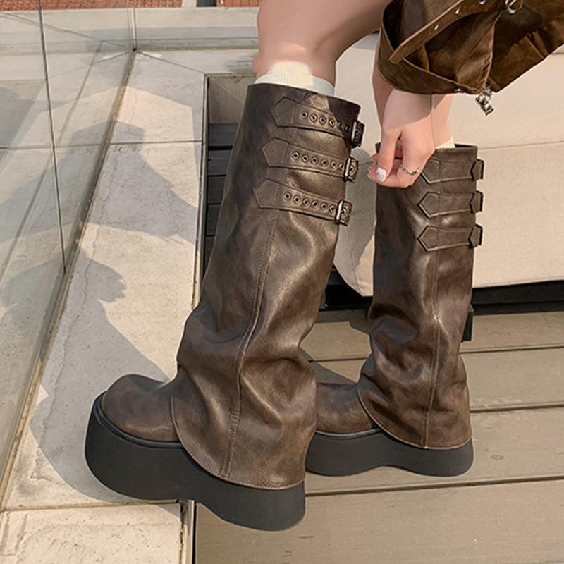 

Flats Platform Knee High top Women Designer Winter Trend Motorcycle Sport Walking Fad Buckle Mujer Botas 39