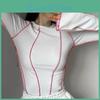 Chic Women Patchwork Tshirts Casual Long Flare Sleeve Round Neck Knitted Ribbed Tees Shirts Spring Autumn Street Top