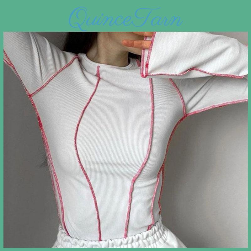 Chic Women Patchwork Tshirts Casual Long Flare Sleeve Round Neck Knitted Ribbed Tees Shirts Spring Autumn Street Top