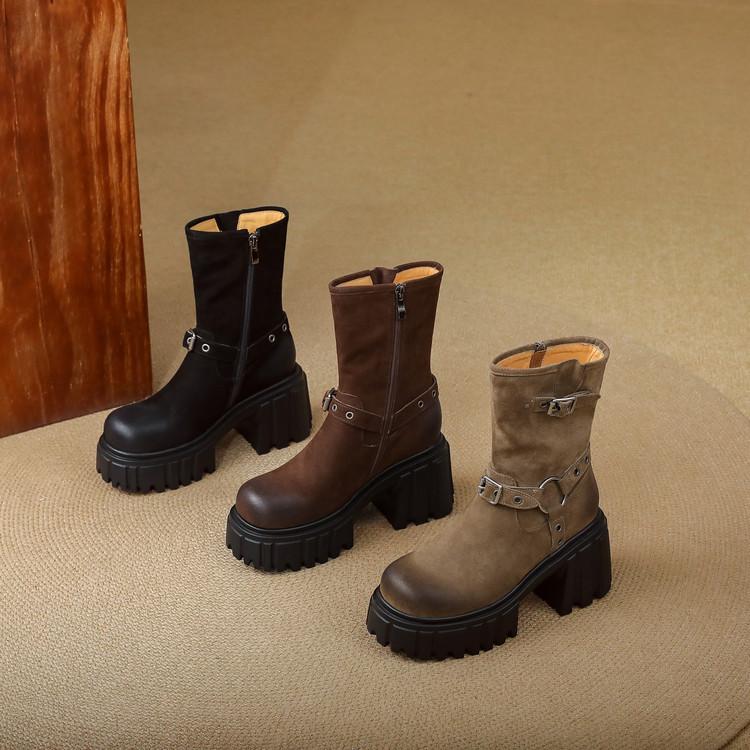 Frostet skinn retro polerte tykksålede Martin-støvletter for kvinner 2025 høst og vinter nye Maillard vanntette bord tykkhælede korte støvletter for w