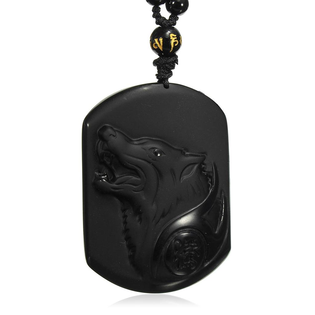 Natural Black Obsidian Pendant Lucky Carved Wolf Head Amulet Necklace For Men Fashion Vintage Handmade Jewelry Necklace Gifts